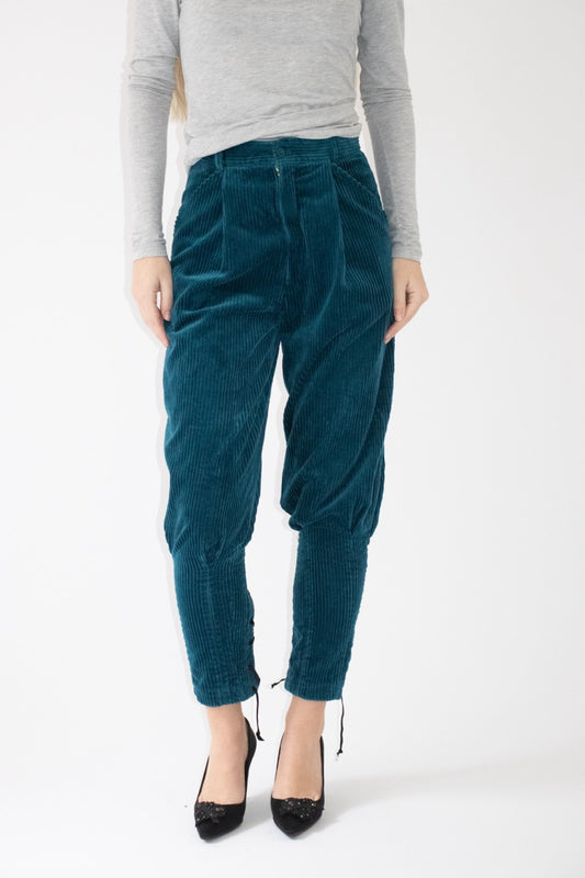 Turquoise corduroy pants, lacing at the back
